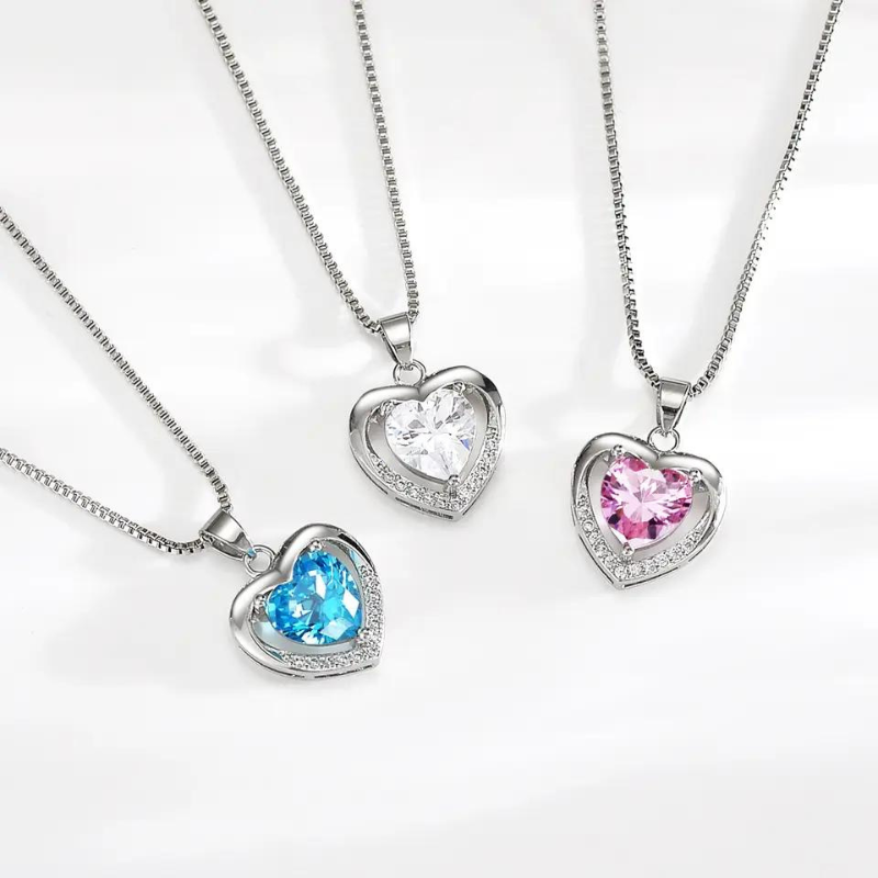 S925 Sterling Silver Eternal Heart Pendant CZ Diamond Necklace (Blue)