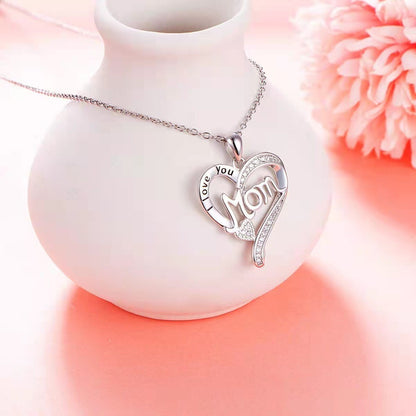 Mom S925 Sterling Silver Heart Shaped Pendant CZ Diamond Necklace