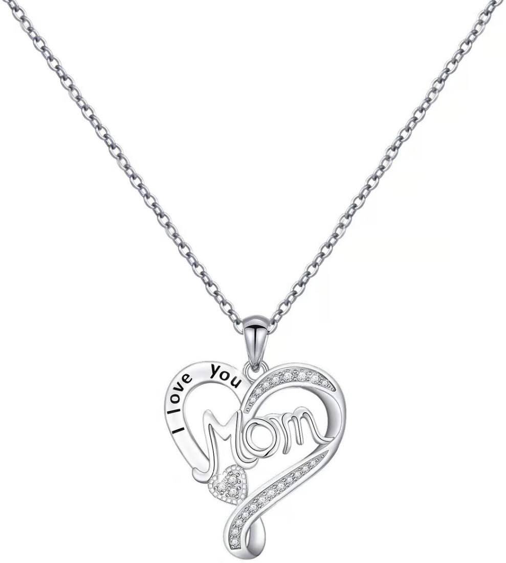 Mom S925 Sterling Silver Heart Shaped Pendant CZ Diamond Necklace