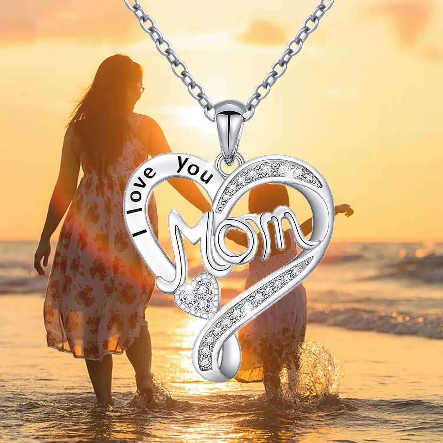 Mom S925 Sterling Silver Heart Shaped Pendant CZ Diamond Necklace