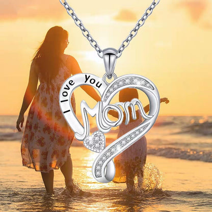 Mom S925 Sterling Silver Heart Shaped Pendant CZ Diamond Necklace