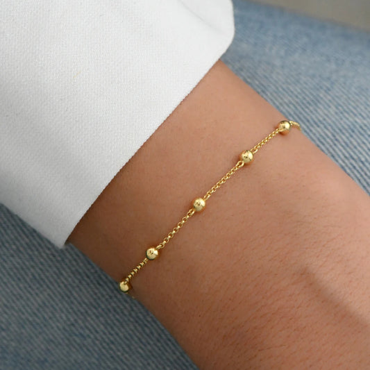 14K Gold-Plated Sterling Silver Beaded Bracelet Adjustable S925 Fine Jewelry