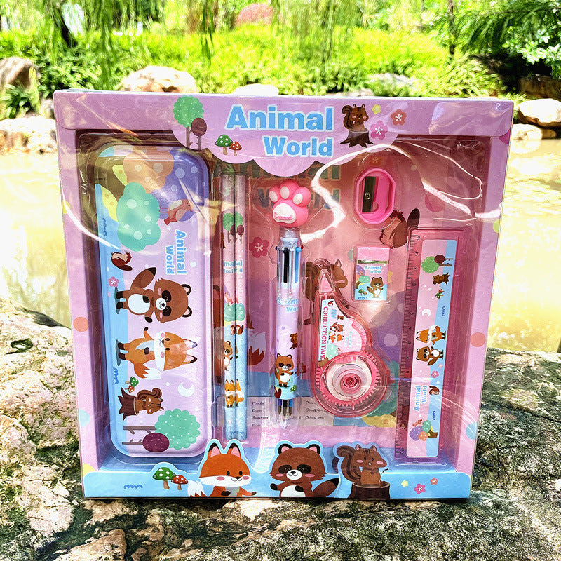 8-Piece Deluxe Stationery Set Gift Box Pens, Pencils, Ruler, Eraser, Pencil Case - Pink Animals