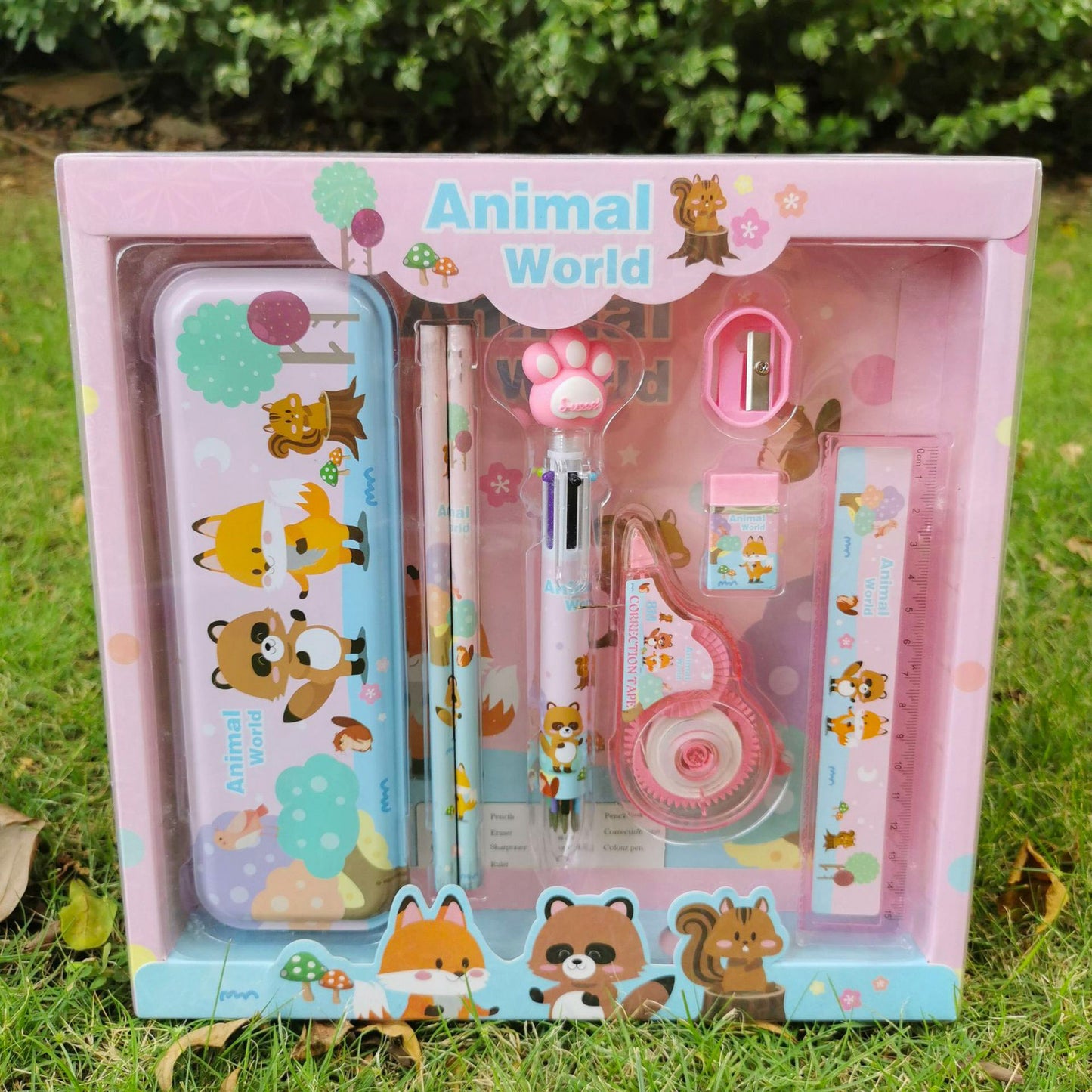 8-Piece Deluxe Stationery Set Gift Box Pens, Pencils, Ruler, Eraser, Pencil Case - Pink Animals