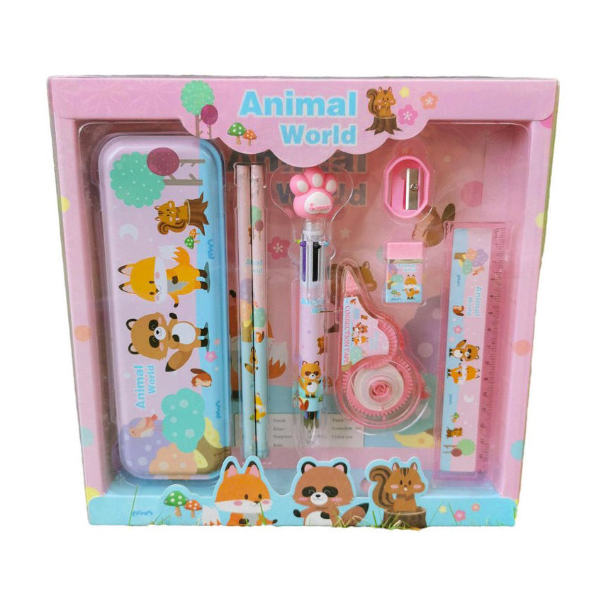 8-Piece Deluxe Stationery Set Gift Box Pens, Pencils, Ruler, Eraser, Pencil Case - Pink Animals