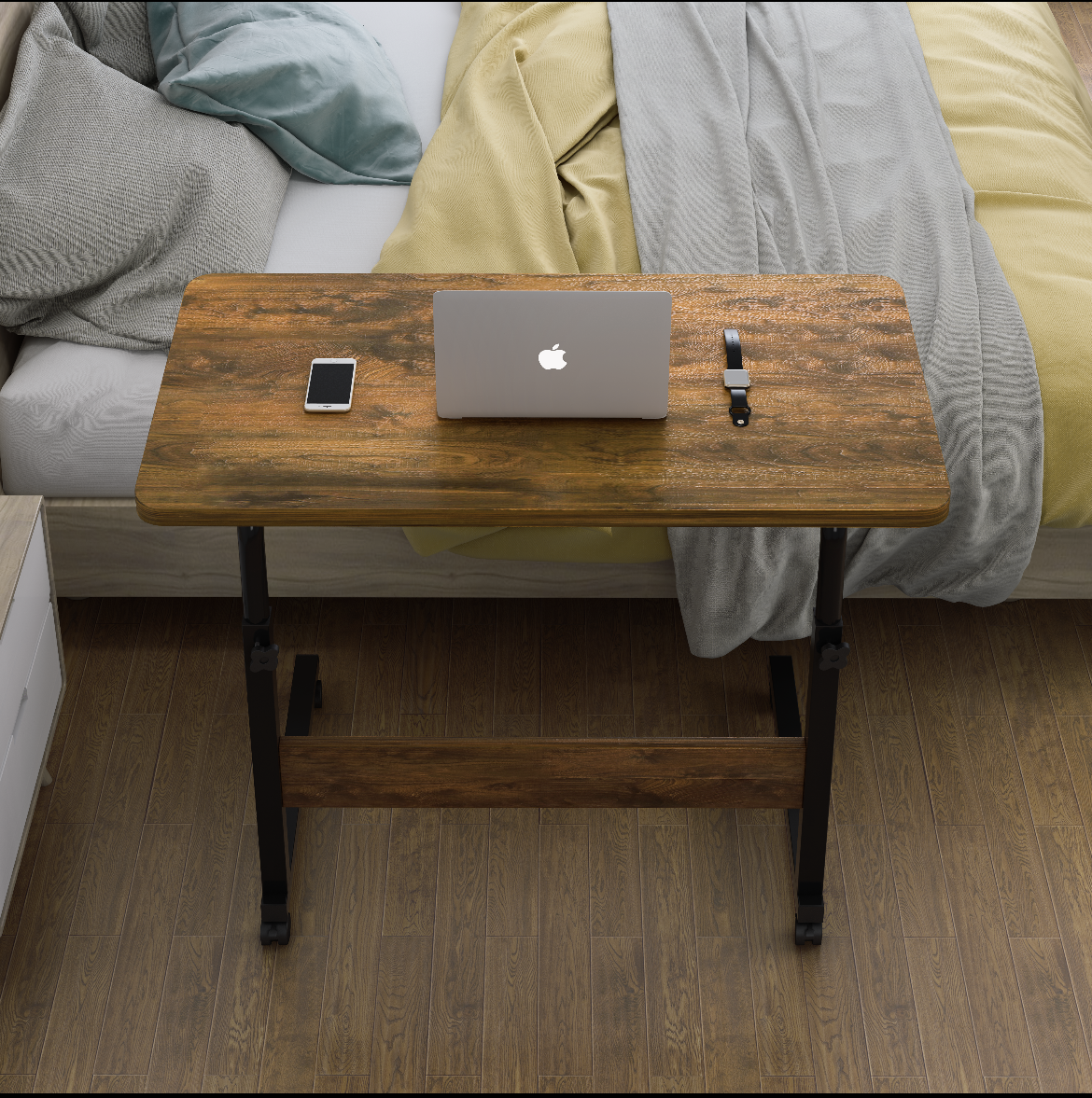 Impact Adjustable Portable Sofa Bed Side Table Laptop Desk with Wheels (Rustic Wood)