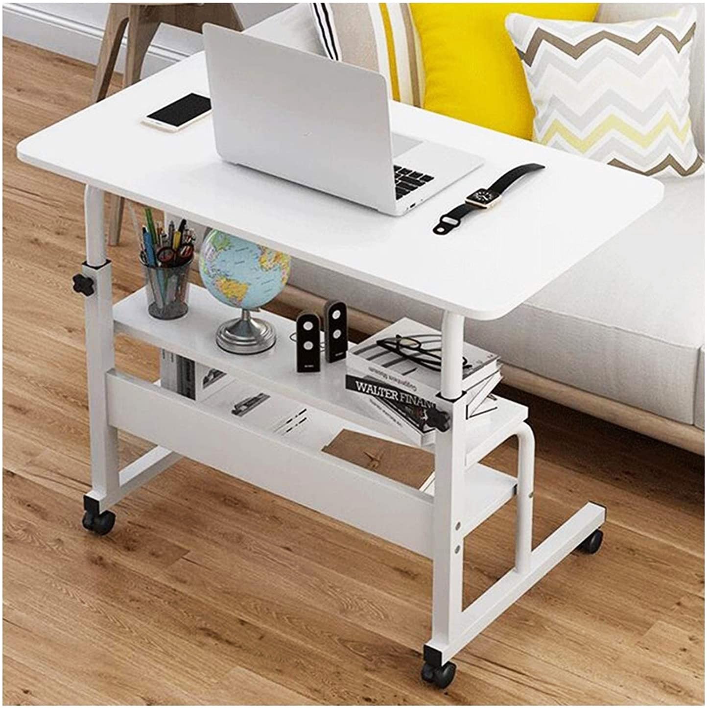 Calibre 2-tier Sofa Bed Side Table Laptop Desk with Shelves and Wheels (White)