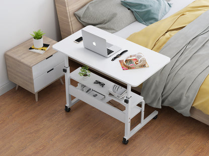 Calibre 2-tier Sofa Bed Side Table Laptop Desk with Shelves and Wheels (White)