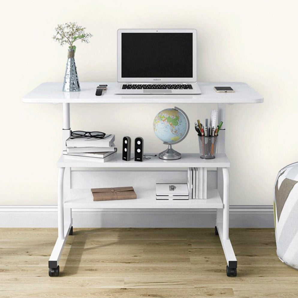 Calibre 2-tier Sofa Bed Side Table Laptop Desk with Shelves and Wheels (White)