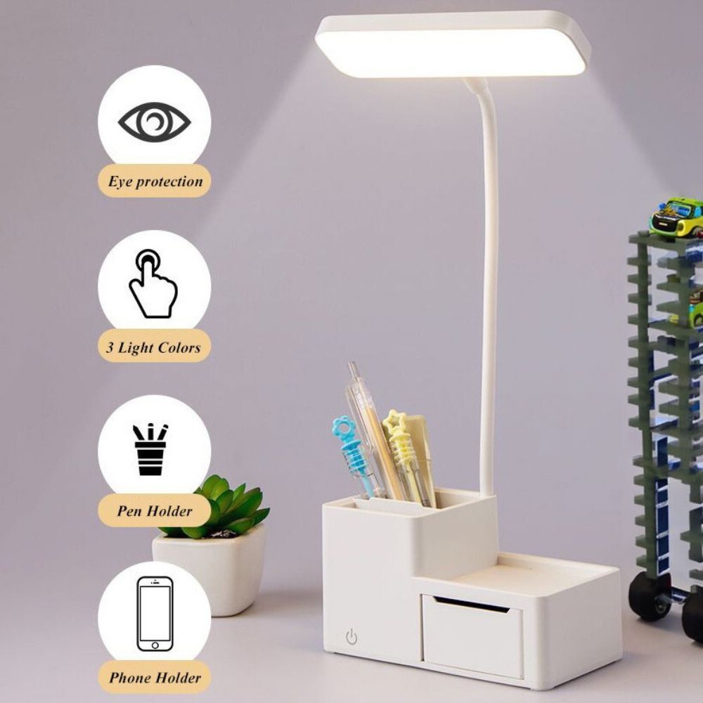 Ultra-Bright LED Eye-Protecting Night Light Desk Lamp with Pen Holder & Drawer (White)