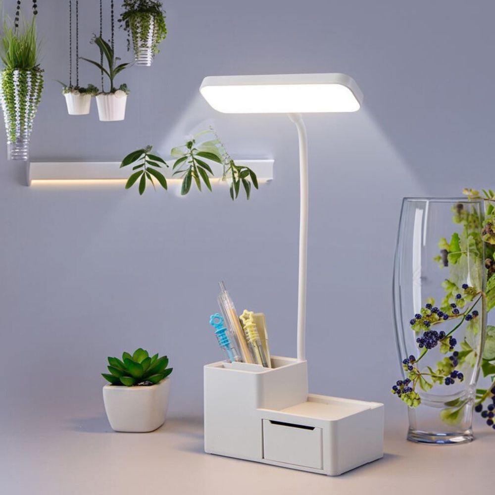 Ultra-Bright LED Eye-Protecting Night Light Desk Lamp with Pen Holder & Drawer (White)