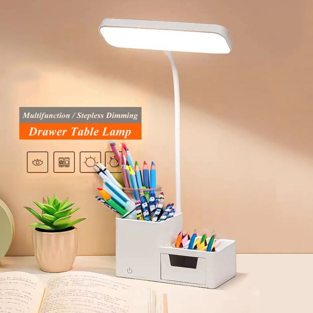 Ultra-Bright LED Eye-Protecting Night Light Desk Lamp with Pen Holder & Drawer (White)