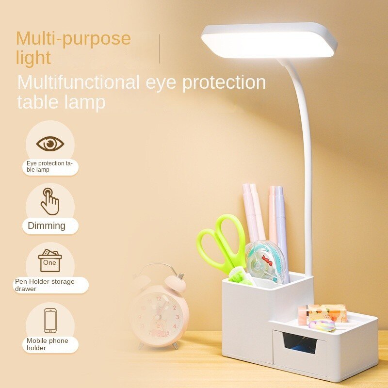 Ultra-Bright LED Eye-Protecting Night Light Desk Lamp with Pen Holder & Drawer (White)