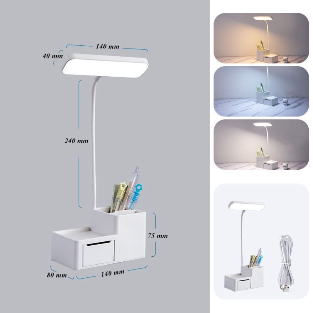 Ultra-Bright LED Eye-Protecting Night Light Desk Lamp with Pen Holder & Drawer (White)