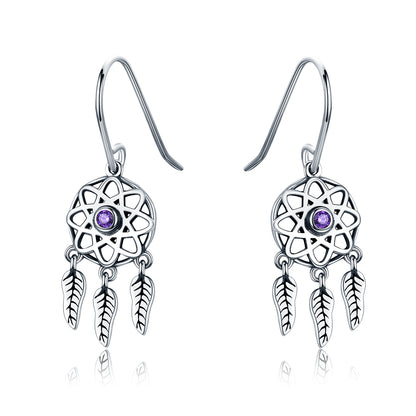 S925 Sterling Silver Dream Catcher Dangle Earrings