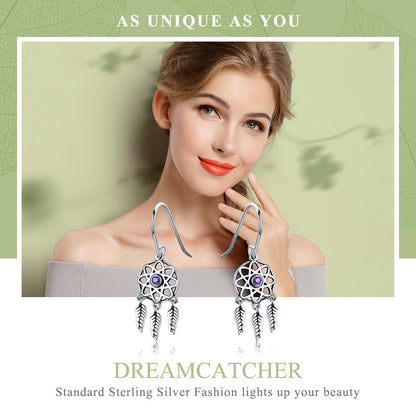 S925 Sterling Silver Dream Catcher Dangle Earrings