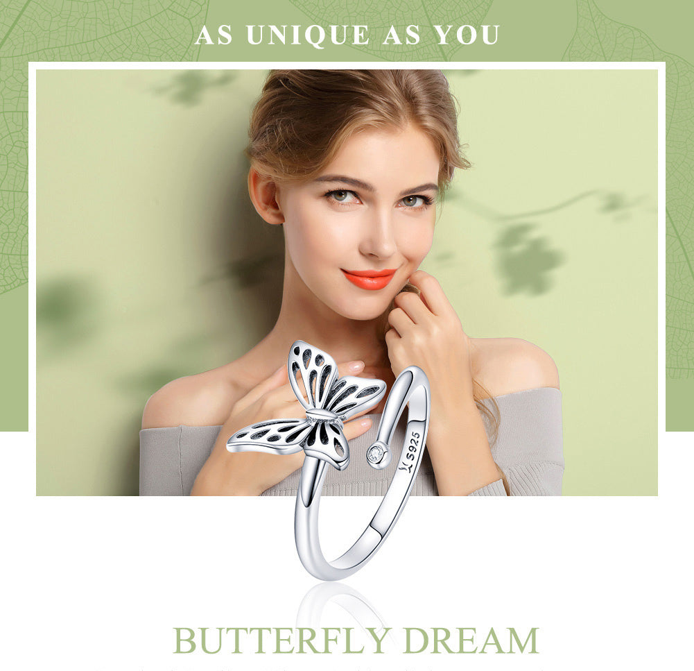 S925 Sterling Silver Adjustable Butterfly Ring