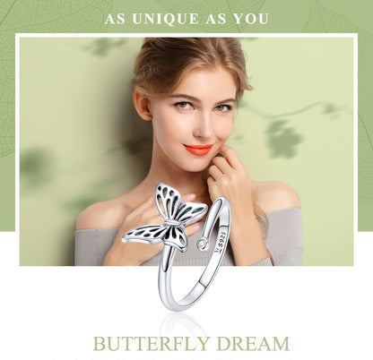 S925 Sterling Silver Adjustable Butterfly Ring