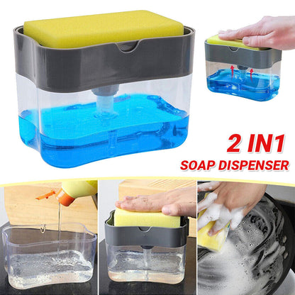 2 in 1 Soap Pump Dispenser Sponge Holder Kitchen Sink Washing Cleaning Tool (Black)