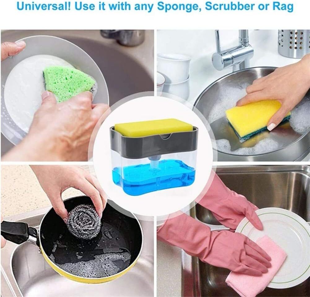 2 in 1 Soap Pump Dispenser Sponge Holder Kitchen Sink Washing Cleaning Tool (Black)