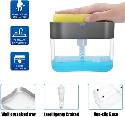 2 in 1 Soap Pump Dispenser Sponge Holder Kitchen Sink Washing Cleaning Tool (Black)