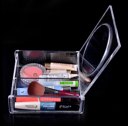 Crystal Clear Cosmetic Makeup Organizer Portable Storage Box with Large Mirror