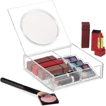 Crystal Clear Cosmetic Makeup Organizer Portable Storage Box with Large Mirror