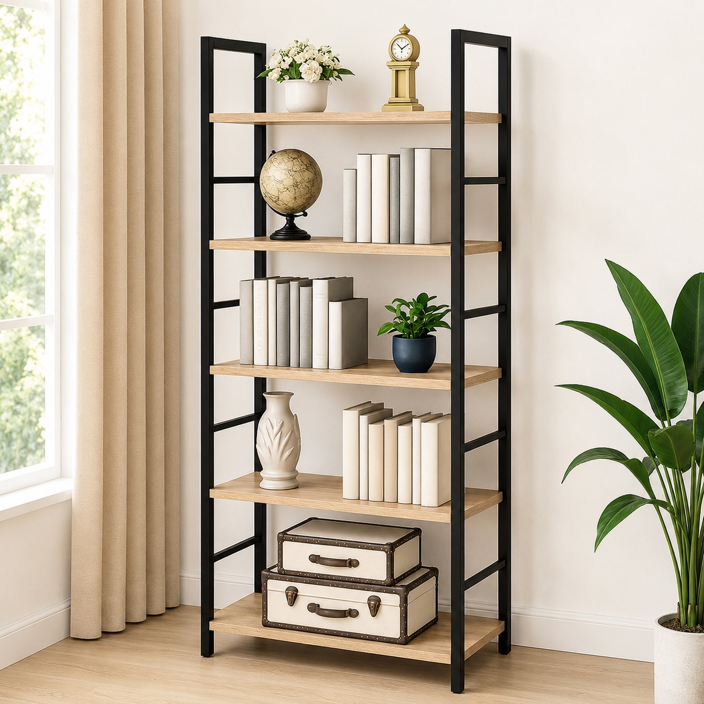 5 Tier Multifunction Heavy Duty Bookcase Wood & Steel Storage Shelf Organizer (Coastal Oak)