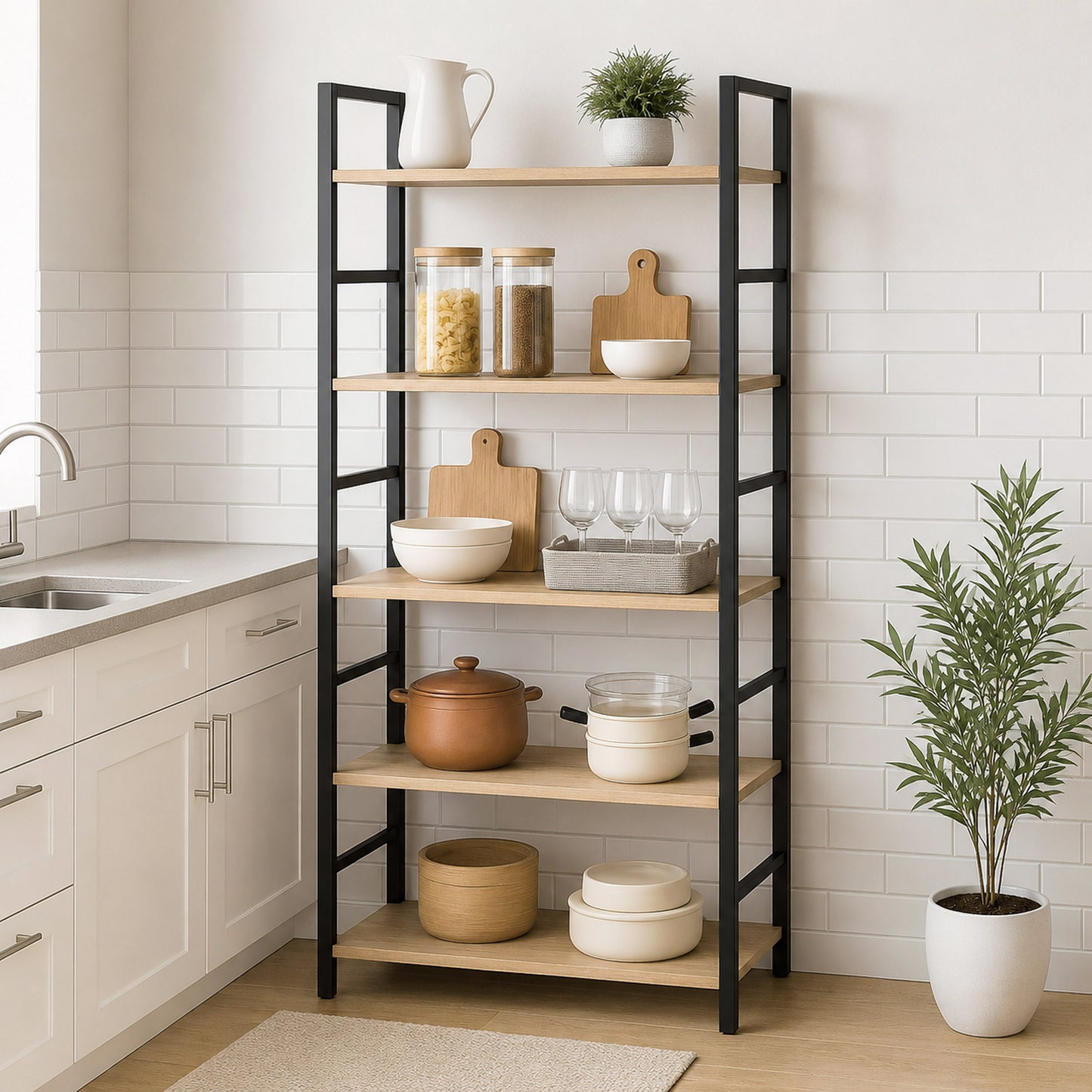 5 Tier Multifunction Heavy Duty Bookcase Wood & Steel Storage Shelf Organizer (Coastal Oak)