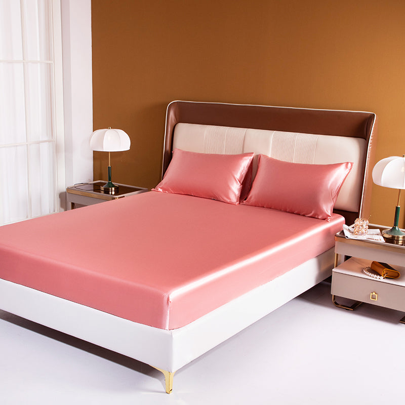 Luxury 4-Piece Silky Satin Flat Fitted Sheets Pillowcase Bed Set (Rose Gold, Double)