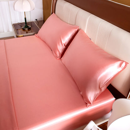 Luxury 4-Piece Silky Satin Flat Fitted Sheets Pillowcase Bed Set (Rose Gold, Double)