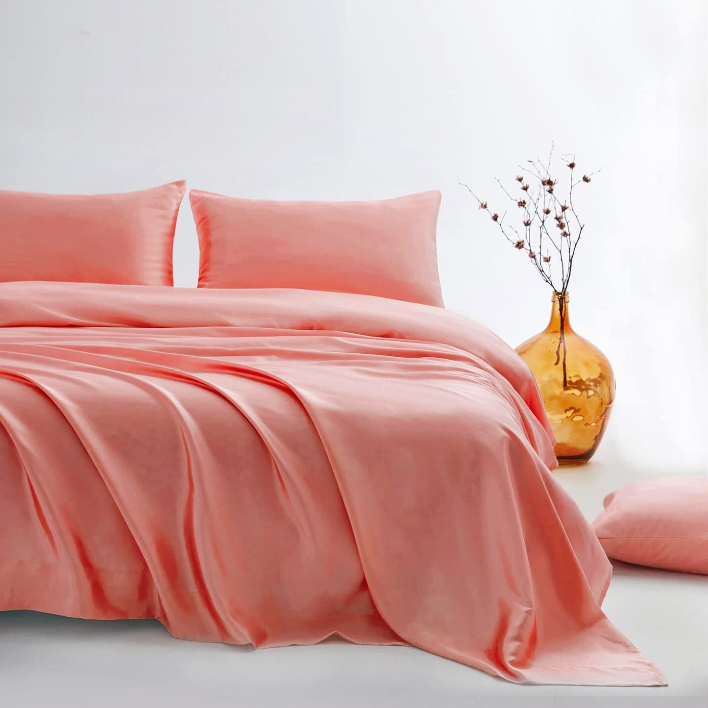 Luxury 4-Piece Silky Satin Flat Fitted Sheets Pillowcase Bed Set (Rose Gold, Double)