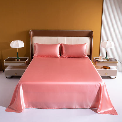 Luxury 4-Piece Silky Satin Flat Fitted Sheets Pillowcase Bed Set (Rose Gold, Double)