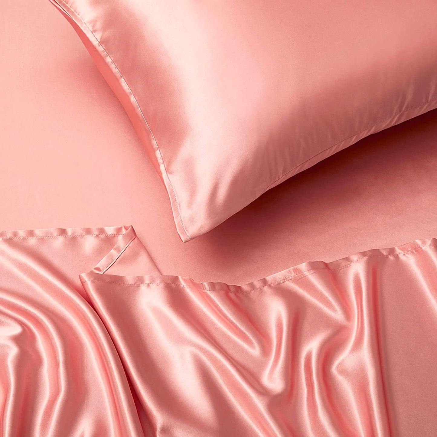 Luxury 4-Piece Silky Satin Flat Fitted Sheets Pillowcase Bed Set (Rose Gold, Double)