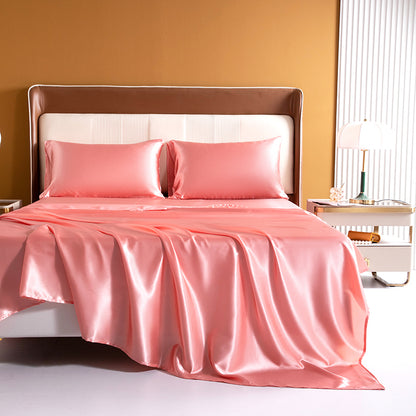 Luxury 4-Piece Silky Satin Flat Fitted Sheets Pillowcase Bed Set (Rose Gold, Double)