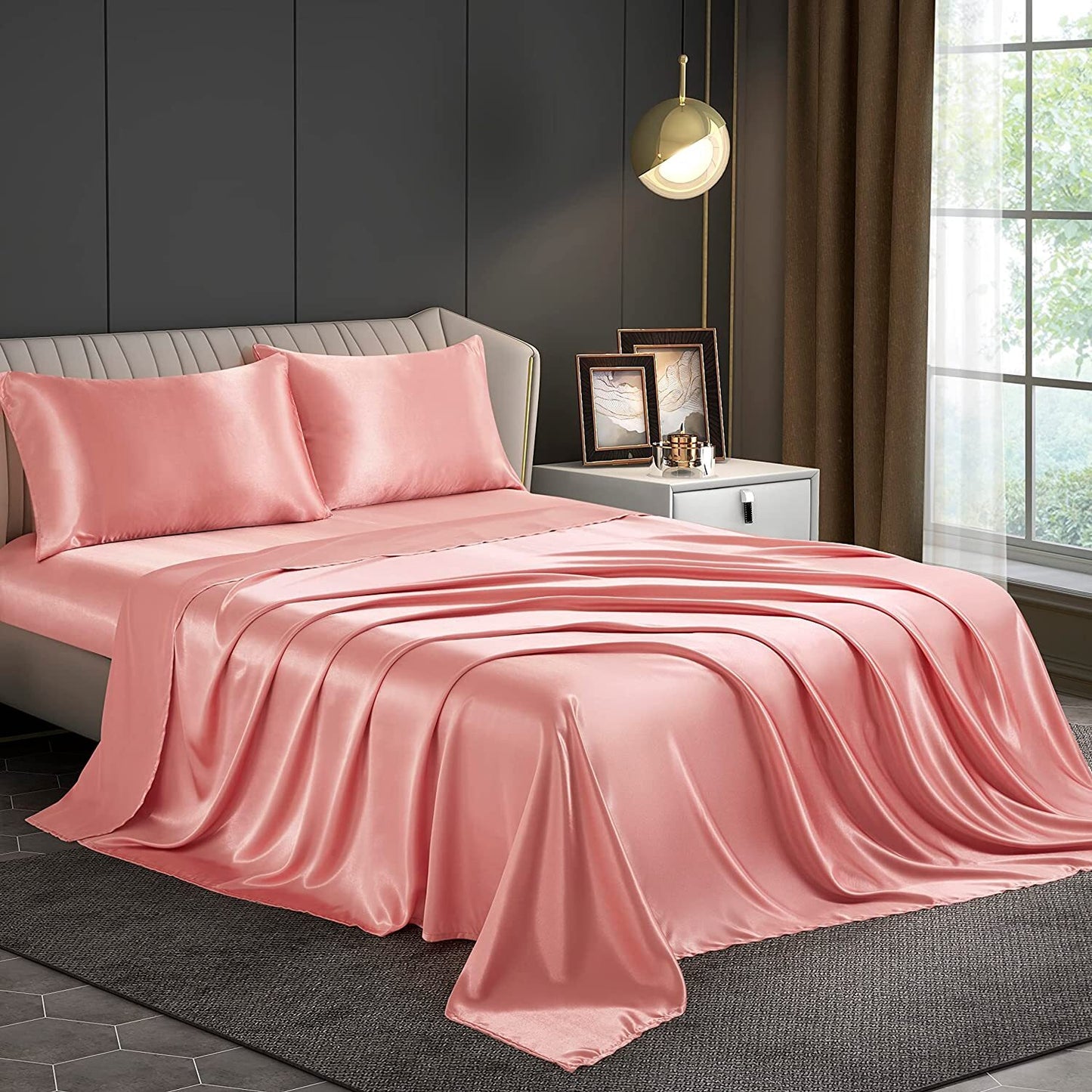 Luxury 4-Piece Silky Satin Flat Fitted Sheets Pillowcase Bed Set (Rose Gold, Double)