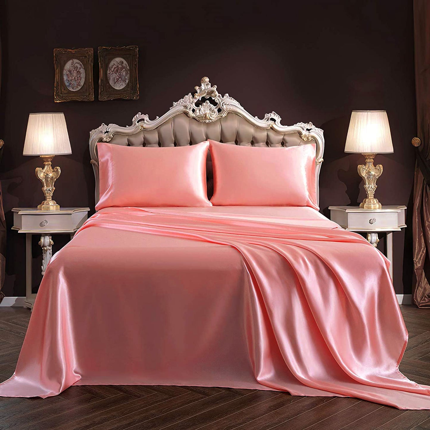 Luxury 4-Piece Silky Satin Flat Fitted Sheets Pillowcase Bed Set (Rose Gold, Double)