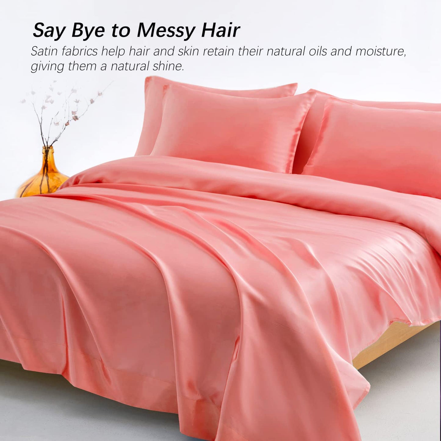 Luxury 4-Piece Silky Satin Flat Fitted Sheets Pillowcase Bed Set (Rose Gold, Double)