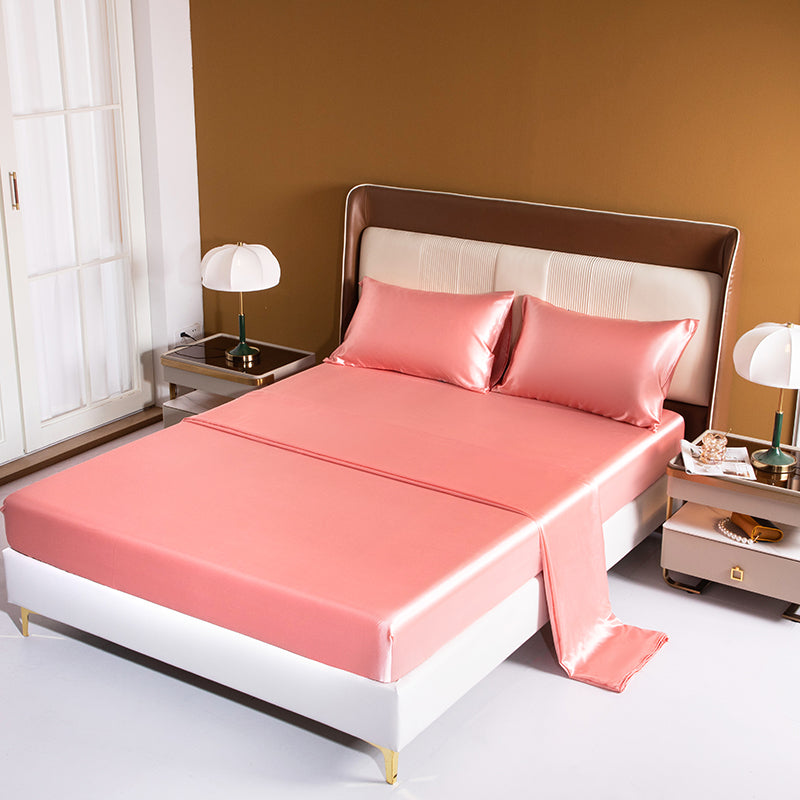 Luxury 4-Piece Silky Satin Flat Fitted Sheets Pillowcase Bed Set (Rose Gold, Double)