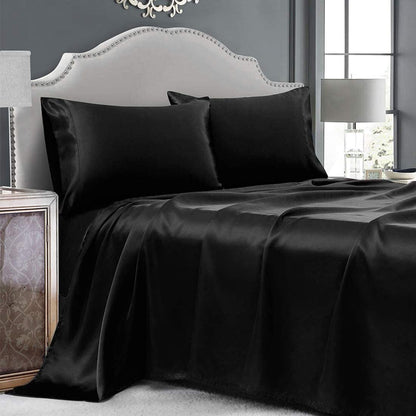 Luxury 4-Piece Silky Satin Flat Fitted Sheets Pillowcase Bed Set (Black, King)