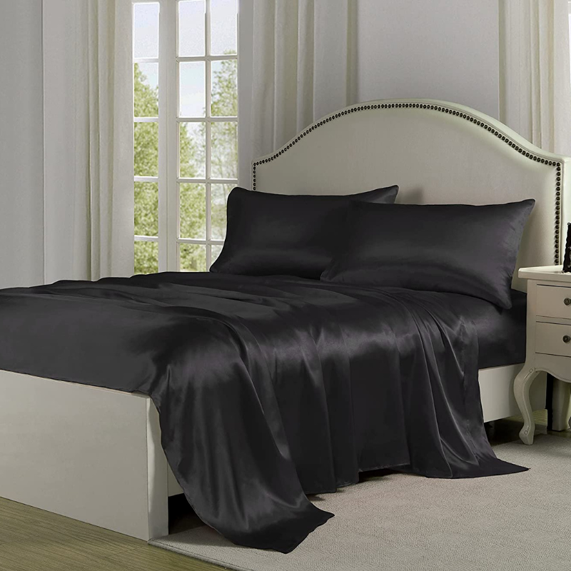 Luxury 4-Piece Silky Satin Flat Fitted Sheets Pillowcase Bed Set (Black, King)