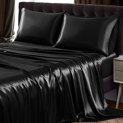 Luxury 4-Piece Silky Satin Flat Fitted Sheets Pillowcase Bed Set (Black, King)