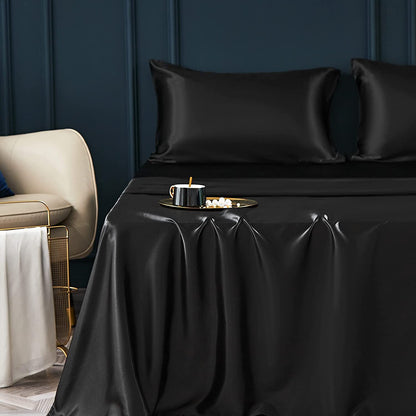 Luxury 4-Piece Silky Satin Flat Fitted Sheets Pillowcase Bed Set (Black, King)