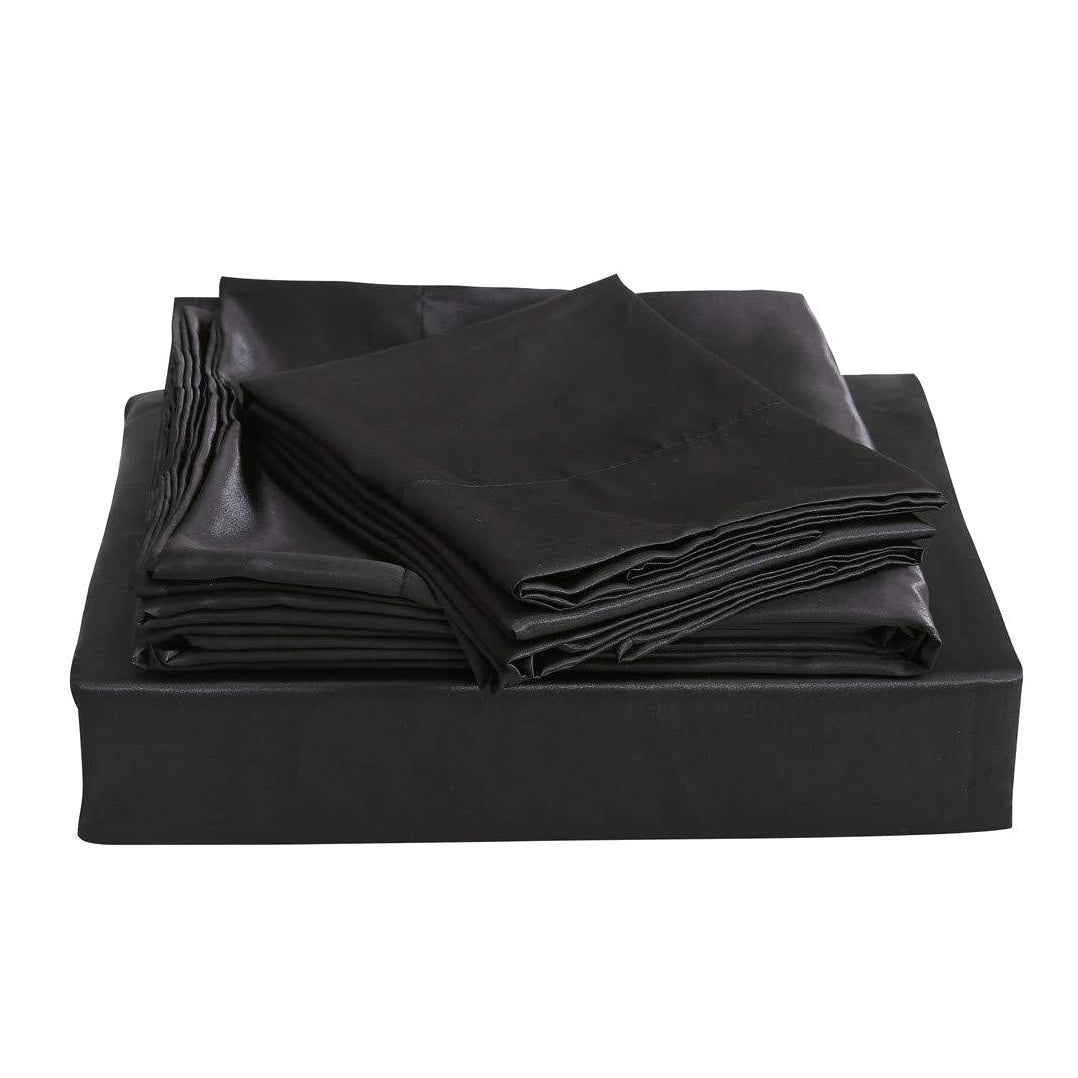 Luxury 4-Piece Silky Satin Flat Fitted Sheets Pillowcase Bed Set (Black, King)