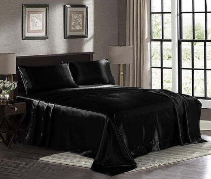 Luxury 4-Piece Silky Satin Flat Fitted Sheets Pillowcase Bed Set (Black, King)