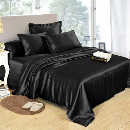 Luxury 4-Piece Silky Satin Flat Fitted Sheets Pillowcase Bed Set (Black, King)