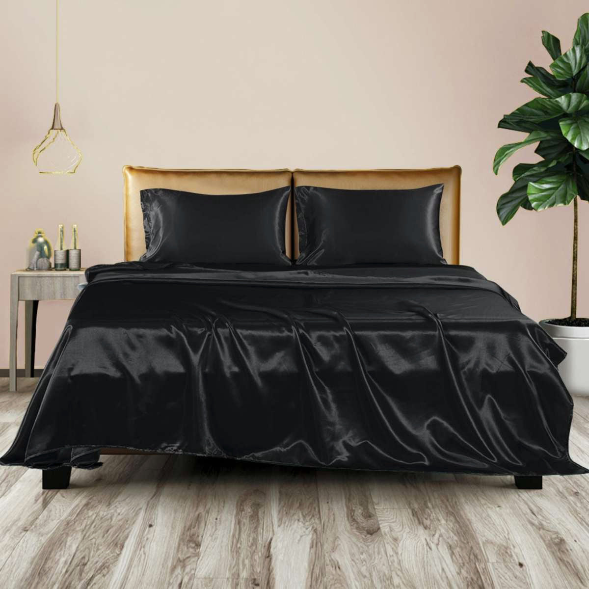 Luxury 4-Piece Silky Satin Flat Fitted Sheets Pillowcase Bed Set (Black, King)