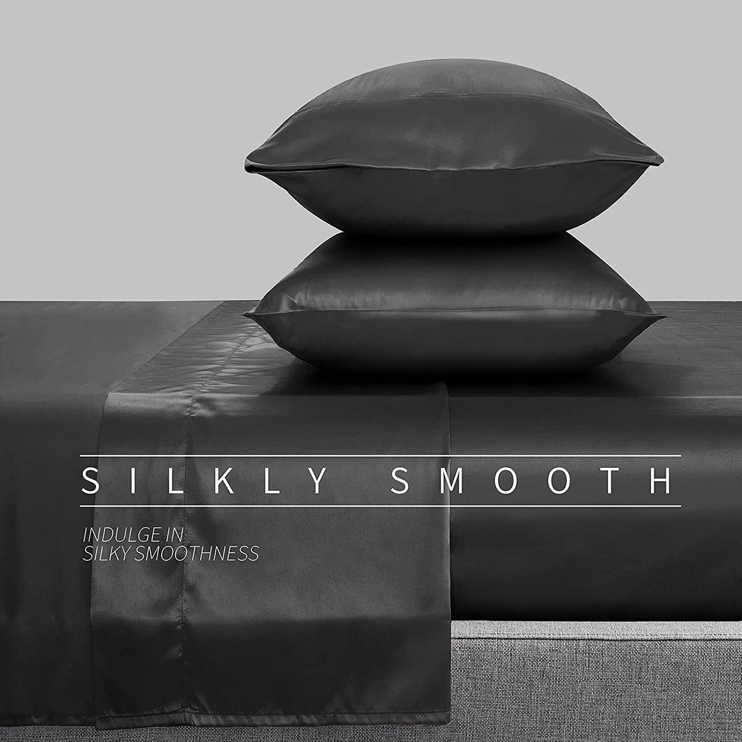 Luxury 4-Piece Silky Satin Flat Fitted Sheets Pillowcase Bed Set (Black, King)