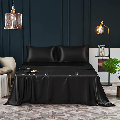 Luxury 4-Piece Silky Satin Flat Fitted Sheets Pillowcase Bed Set (Black, King)