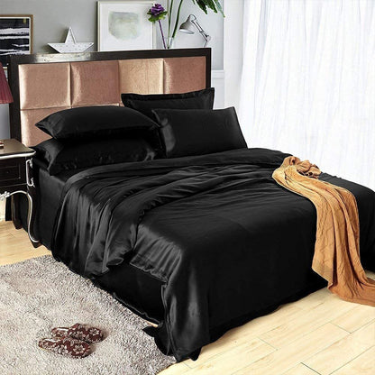 Luxury 4-Piece Silky Satin Flat Fitted Sheets Pillowcase Bed Set (Black, King)